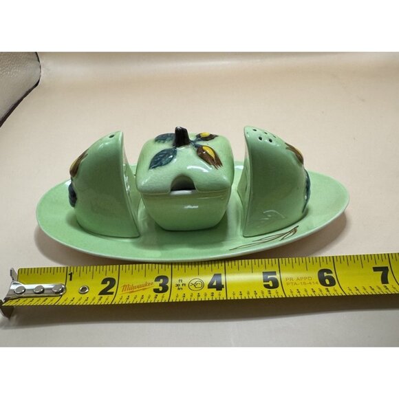 Carlton Ware Cruet Set on Tray Hazelnut 2330 Rare Green Gloss - Picture 8 of 9